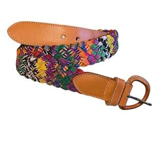 Vintage Leather Multicolor Braided Cord Boho Hippie Folk Art Western Belt